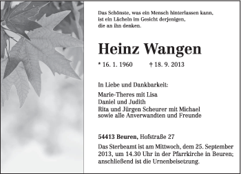 Todesanzeige von Heinz Wangen von TRIERISCHER VOLKSFREUND