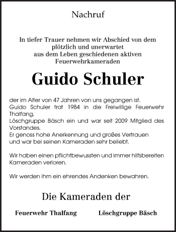 Todesanzeige von Guido Schuler von TRIERISCHER VOLKSFREUND