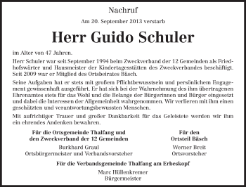 Todesanzeige von Guido Schuler von TRIERISCHER VOLKSFREUND