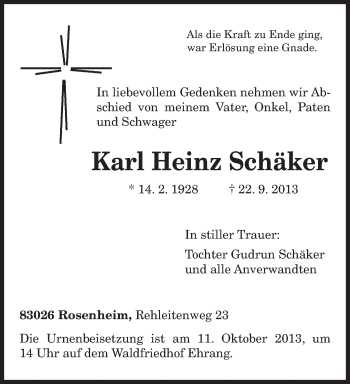 Todesanzeige von Karl Heinz Schäker von TRIERISCHER VOLKSFREUND