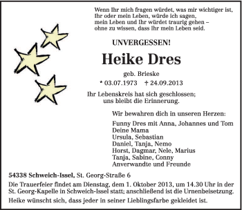 Todesanzeige von Heike Dres von TRIERISCHER VOLKSFREUND