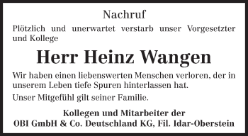 Todesanzeige von Heinz Wangen von TRIERISCHER VOLKSFREUND