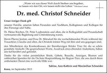 Todesanzeige von Christof Schneider von TRIERISCHER VOLKSFREUND