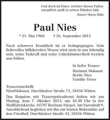 Todesanzeige von Paul Nies von TRIERISCHER VOLKSFREUND