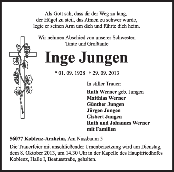 Todesanzeige von Inge Jungen von TRIERISCHER VOLKSFREUND