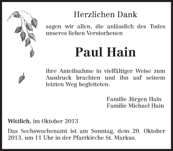 Todesanzeige von Paul Hain von TRIERISCHER VOLKSFREUND