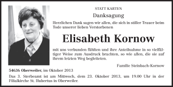 Todesanzeige von Elisabeth Kornow von TRIERISCHER VOLKSFREUND