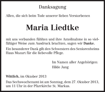 Todesanzeige von Maria Liedtke von trierischer_volksfreund
