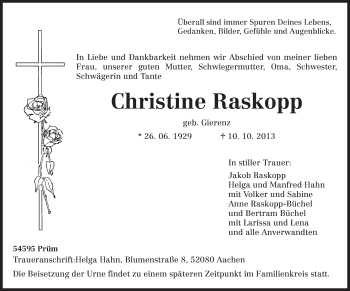 Todesanzeige von Christine Raskopp von trierischer_volksfreund