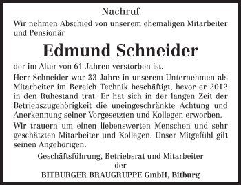 Todesanzeige von Edmund Schneider von trierischer_volksfreund