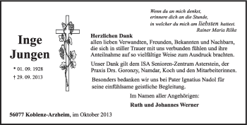 Todesanzeige von Inge Jungen von trierischer_volksfreund