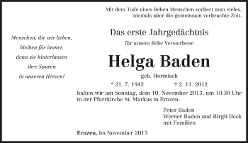 Todesanzeige von Helga Baden von trierischer_volksfreund