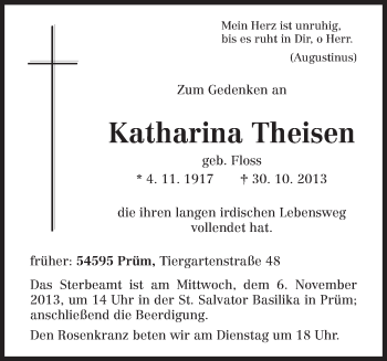 Todesanzeige von Katharina Theisen von trierischer_volksfreund