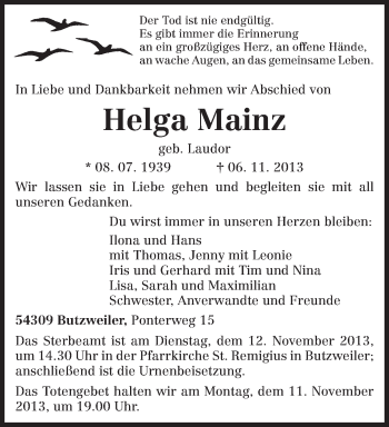 Todesanzeige von Helga Mainz von trierischer_volksfreund