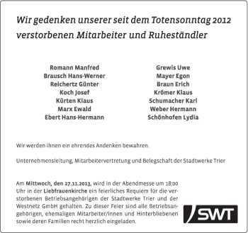 Todesanzeige von Stadtwerke Trier gedenkt von trierischer_volksfreund