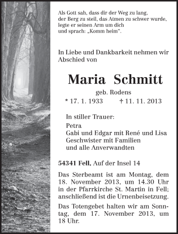 Todesanzeige von Maria  Schmitt von trierischer_volksfreund