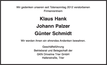 Todesanzeige von GKN Driveline Trier GmbH gedenkt an von trierischer_volksfreund
