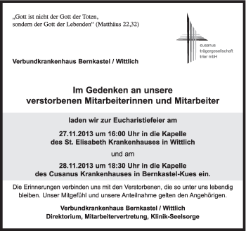 Todesanzeige von Verbundkrankenhaus Bernkastel / Wittlich gedenkt an von trierischer_volksfreund