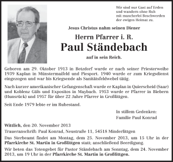 Todesanzeige von Paul Ständebach von trierischer_volksfreund