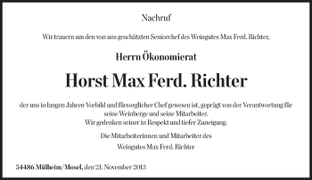 Todesanzeige von Horst Max Ferdinand Richter von trierischer_volksfreund