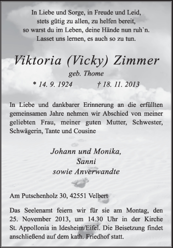 Todesanzeige von Viktoria Zimmer von trierischer_volksfreund