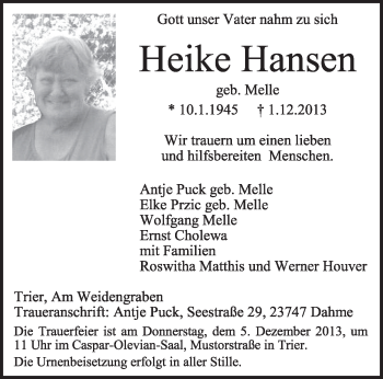 Todesanzeige von Heike Hansen von trierischer_volksfreund