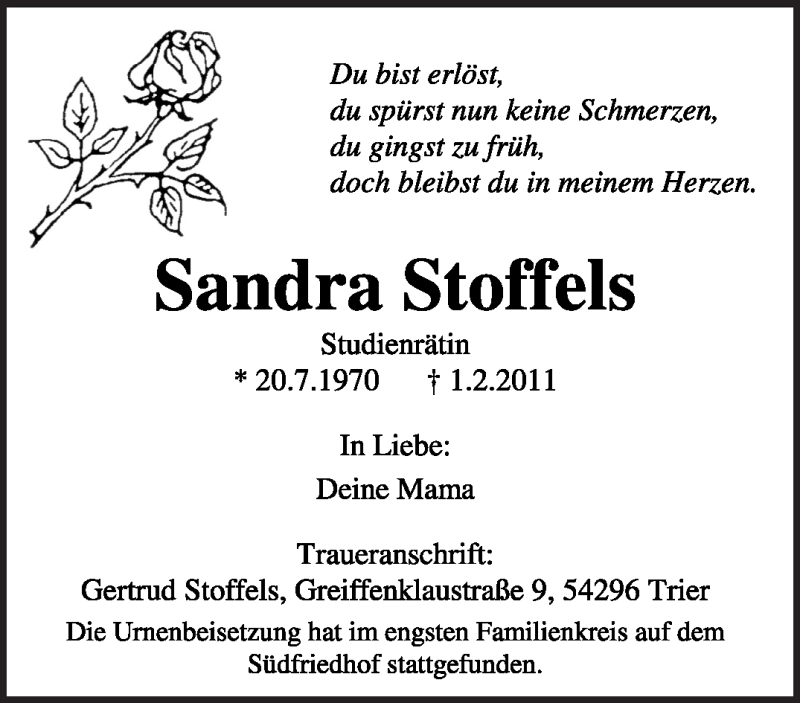 Traueranzeige für Sandra Stoffels vom 12.02.2011 aus TRIERISCHER VOLKSFREUND