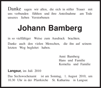 Todesanzeige von Johann Bamberg von TRIERISCHER VOLKSFREUND