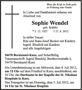 Todesanzeige von Sophie Wendel von TRIERISCHER VOLKSFREUND