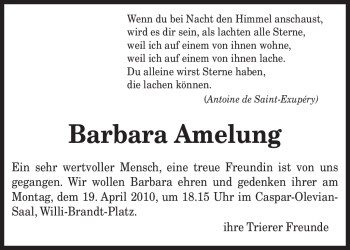 Todesanzeige von Barbara Amelung von TRIERISCHER VOLKSFREUND