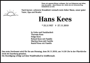 Todesanzeige von Hans Kees von TRIERISCHER VOLKSFREUND