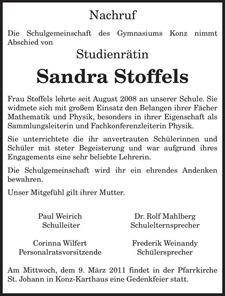  Traueranzeige für Sandra Stoffels vom 19.02.2011 aus TRIERISCHER VOLKSFREUND