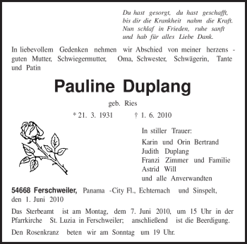 Todesanzeige von Pauline Duplang von TRIERISCHER VOLKSFREUND