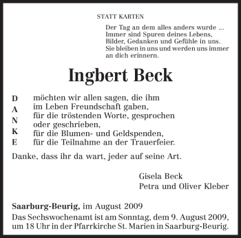 Todesanzeige von Ingbert Beck von TRIERISCHER VOLKSFREUND