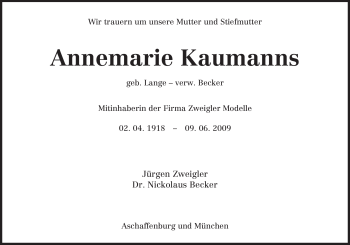 Todesanzeige von Annemarie Kaumanns von TRIERISCHER VOLKSFREUND