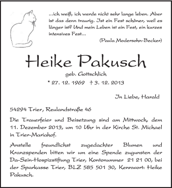 Todesanzeige von Heike Pakusch von trierischer_volksfreund