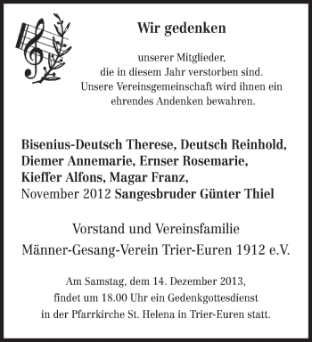 Todesanzeige von Männer-Gesang-Verein Trier-Euren 1912 eV gedenkt von trierischer_volksfreund