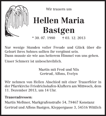 Todesanzeige von Hellen Maria Bastgen von trierischer_volksfreund