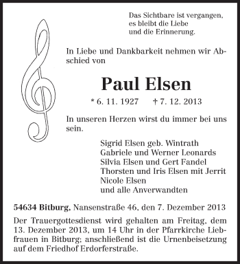 Todesanzeige von Paul Elsen von trierischer_volksfreund