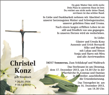 Todesanzeige von Christel Konz von trierischer_volksfreund