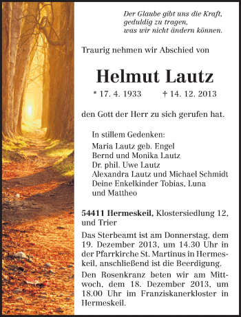 Todesanzeige von Helmut Lautz von trierischer_volksfreund