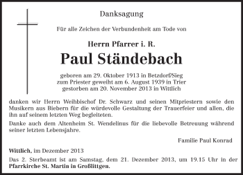 Todesanzeige von Paul Ständebach von trierischer_volksfreund