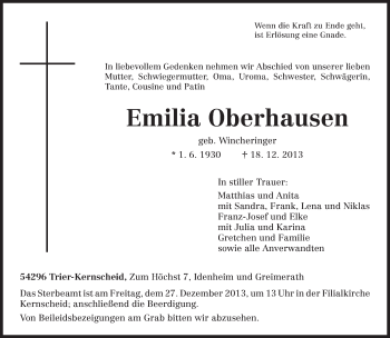Todesanzeige von Emilia Oberhausen von trierischer_volksfreund