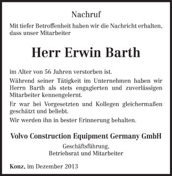 Todesanzeige von Erwin Barth von trierischer_volksfreund