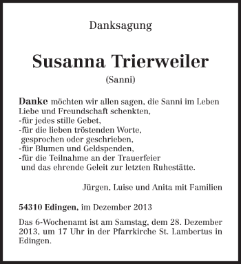 Todesanzeige von Susanna Trierweiler von trierischer_volksfreund