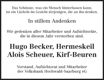 Todesanzeige von Gedenken Volksbank Hochwald-Saarburg eG von trierischer_volksfreund