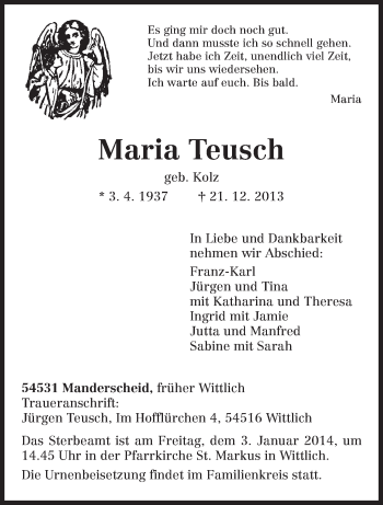 Todesanzeige von Maria Teusch von trierischer_volksfreund