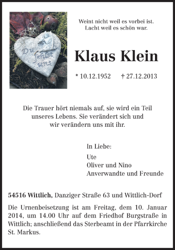 Todesanzeige von Klaus Klein von trierischer_volksfreund