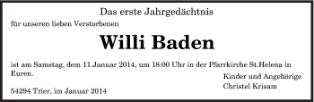 Todesanzeige von Willi Baden von trierischer_volksfreund