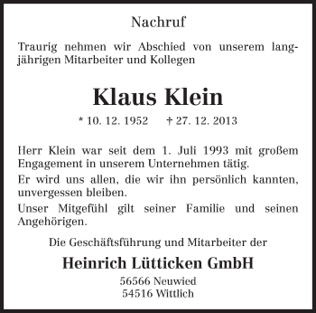 Todesanzeige von Klaus Klein von trierischer_volksfreund